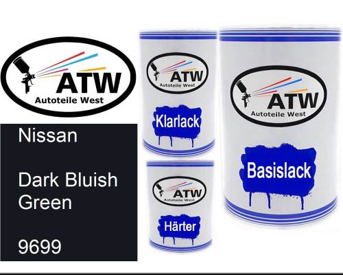 Nissan, Dark Bluish Green, 9699: 500ml Lackdose + 500ml Klarlack + 250ml Härter - Set, von ATW Autoteile West.